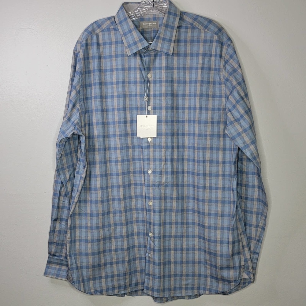 NWT Hickey Freeman Mens CRISP Blue Silver Plaid Long Sleeve Button Down Shirt XL